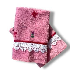 Vtg Dundee Brand Lace Trim Pink Face Cloth Cotton Floral Butterfly Cottage New